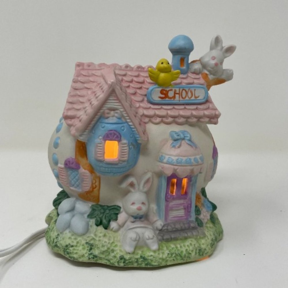 Vintage Porcelain Easter Bunny School House Light Up Decor Pastel Spring Tested